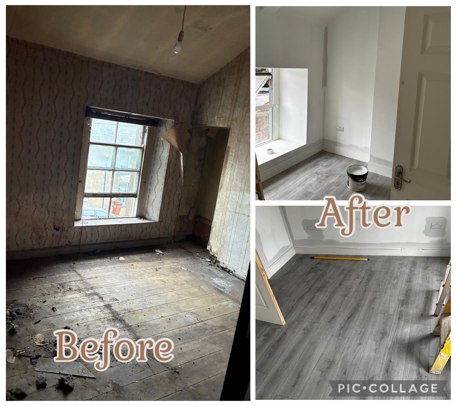 Before and after of a room stripped back and fitted with new grey laminate flooring