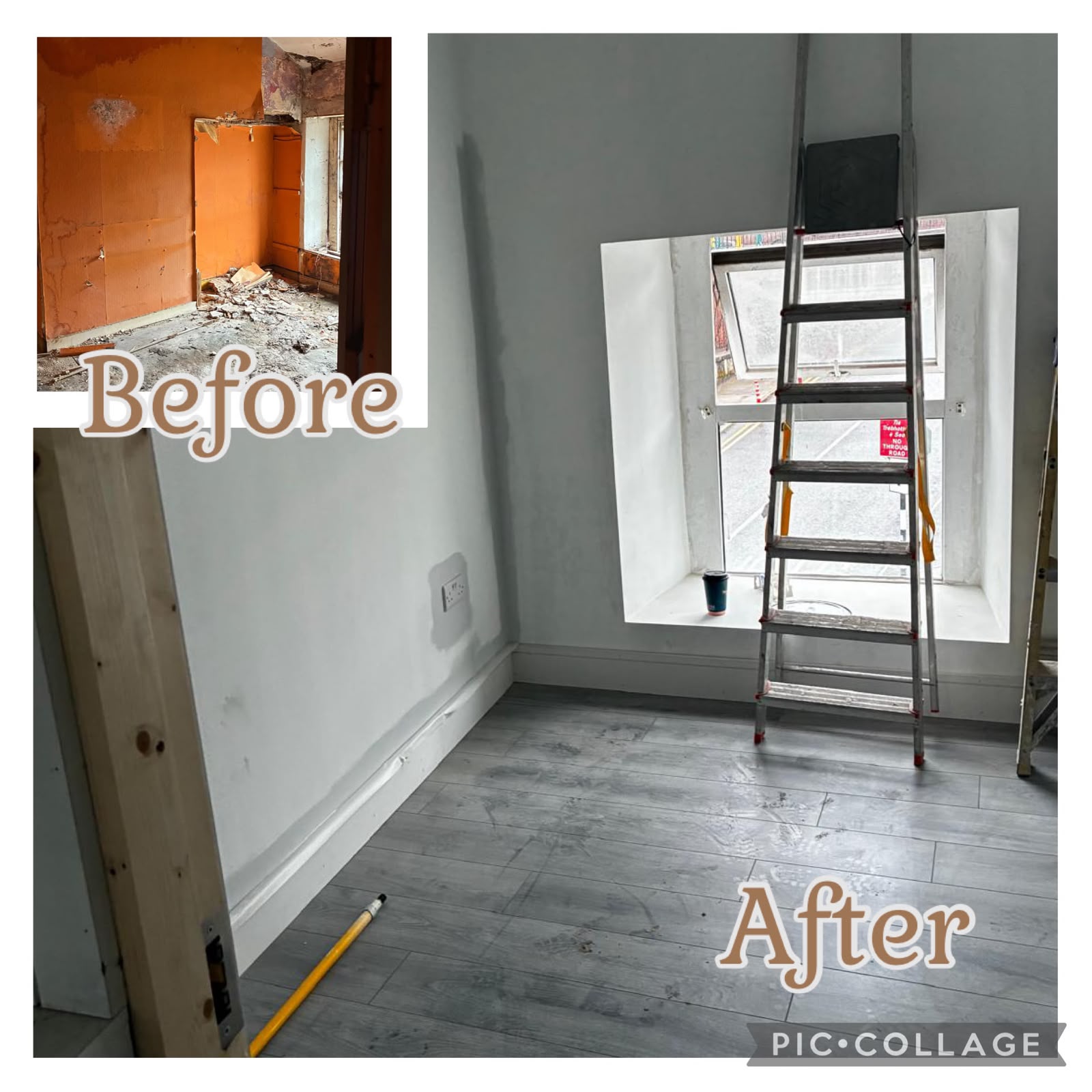 Before and after of a period room re-plastered, painted and re-floored